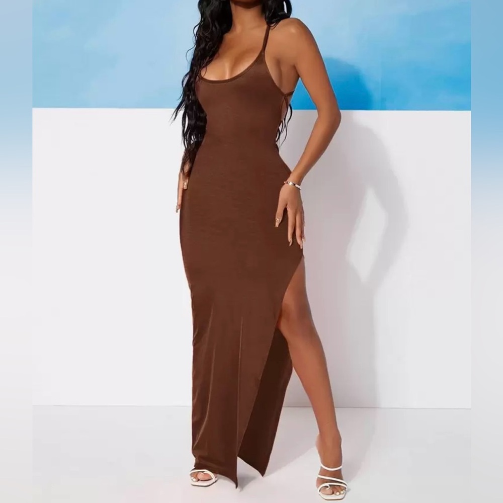Bodycon Maxi Dress with Slit and adjustable tie strings in back